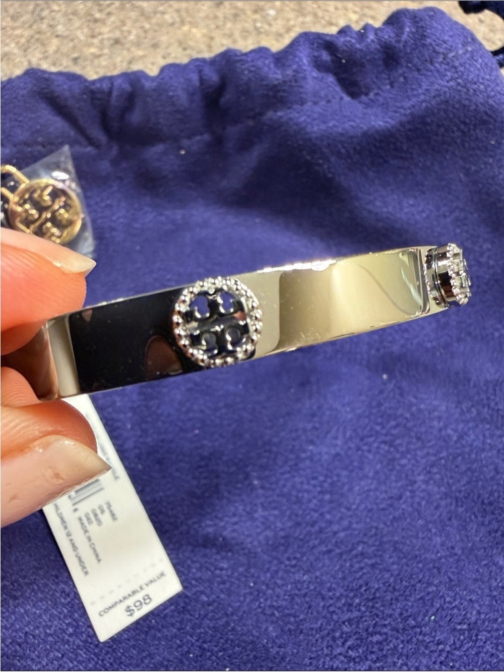 NWT Tory Burch Silver Logo Stud Bangle Bracelet